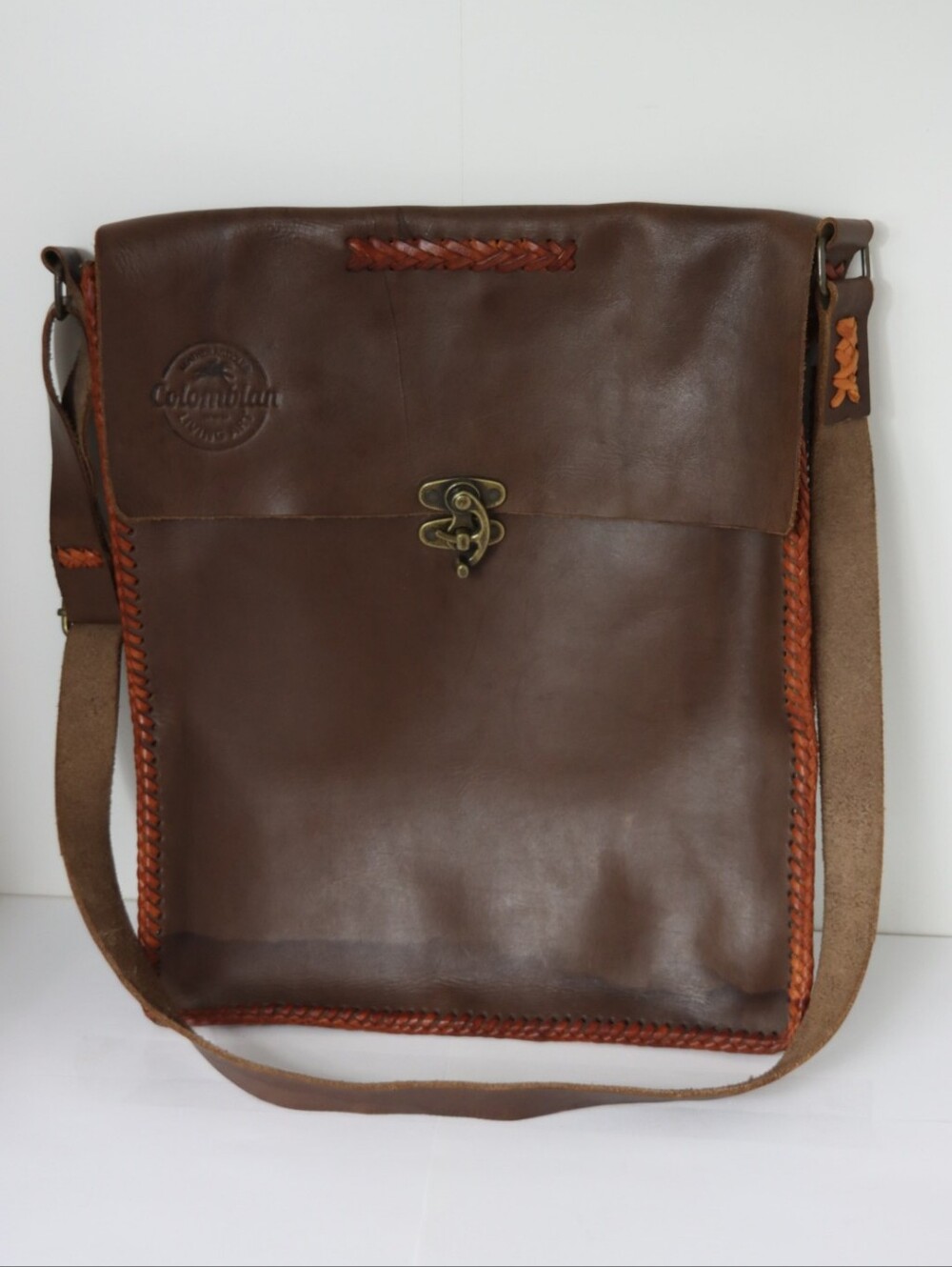 Colombian Livong Art Brown Leather Crossbody Messenger Bag 15"×13"